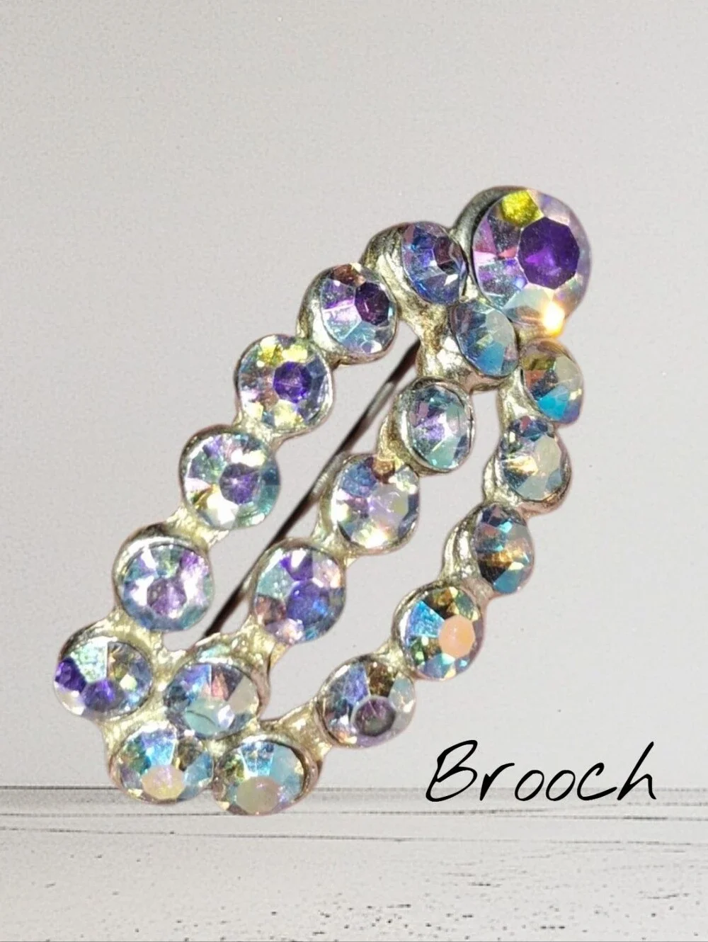 Aurora Borealis Finish Crystal Domed Brooch Iridescent Stunning Pin Unmarked